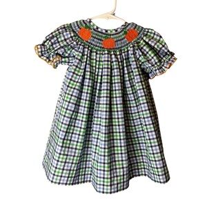 Southern Sunshine Gingham Navy Dress with Pumpkin Embroidery